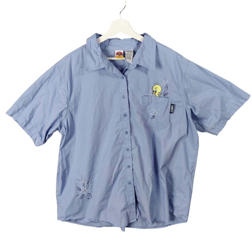 VINTAGE Looney Tunes Tweety Bird Embroidered Button Shirt Womens 24W Blue Cotton - Picture 2 of 11